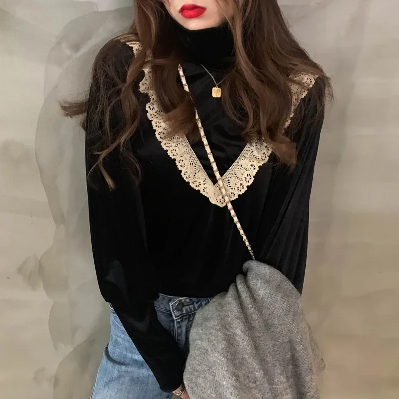 Lace Blouses Ruffle Patchwork Women Black Shirts Korean Vintage Turtleneck Elegant Ladies Tops Blusa Mujer De 2024 Ruffle Top