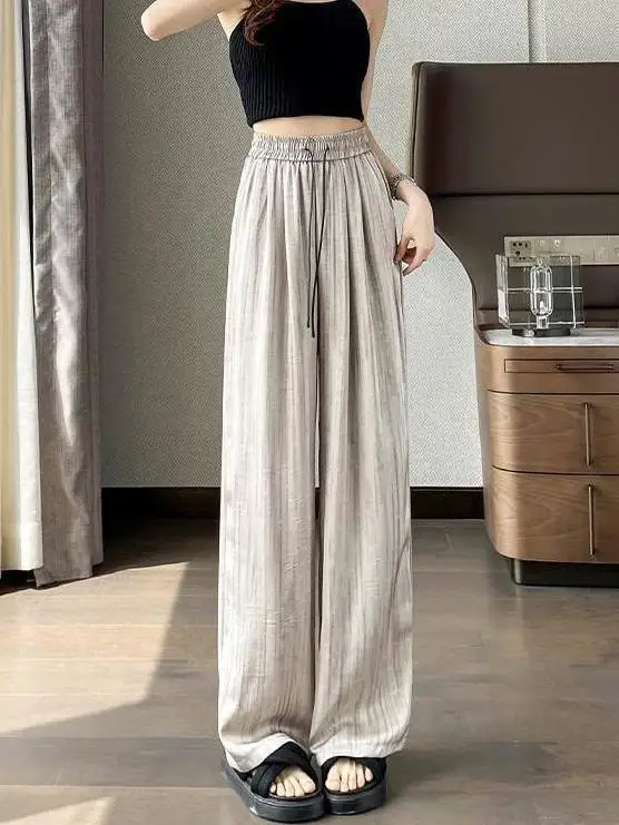 Large Size Chubby Mm Women's Ice Silk Yamamoto Wide Leg Pants Thin New Casual High Waisted Straight Leg Hanging Floor Pants