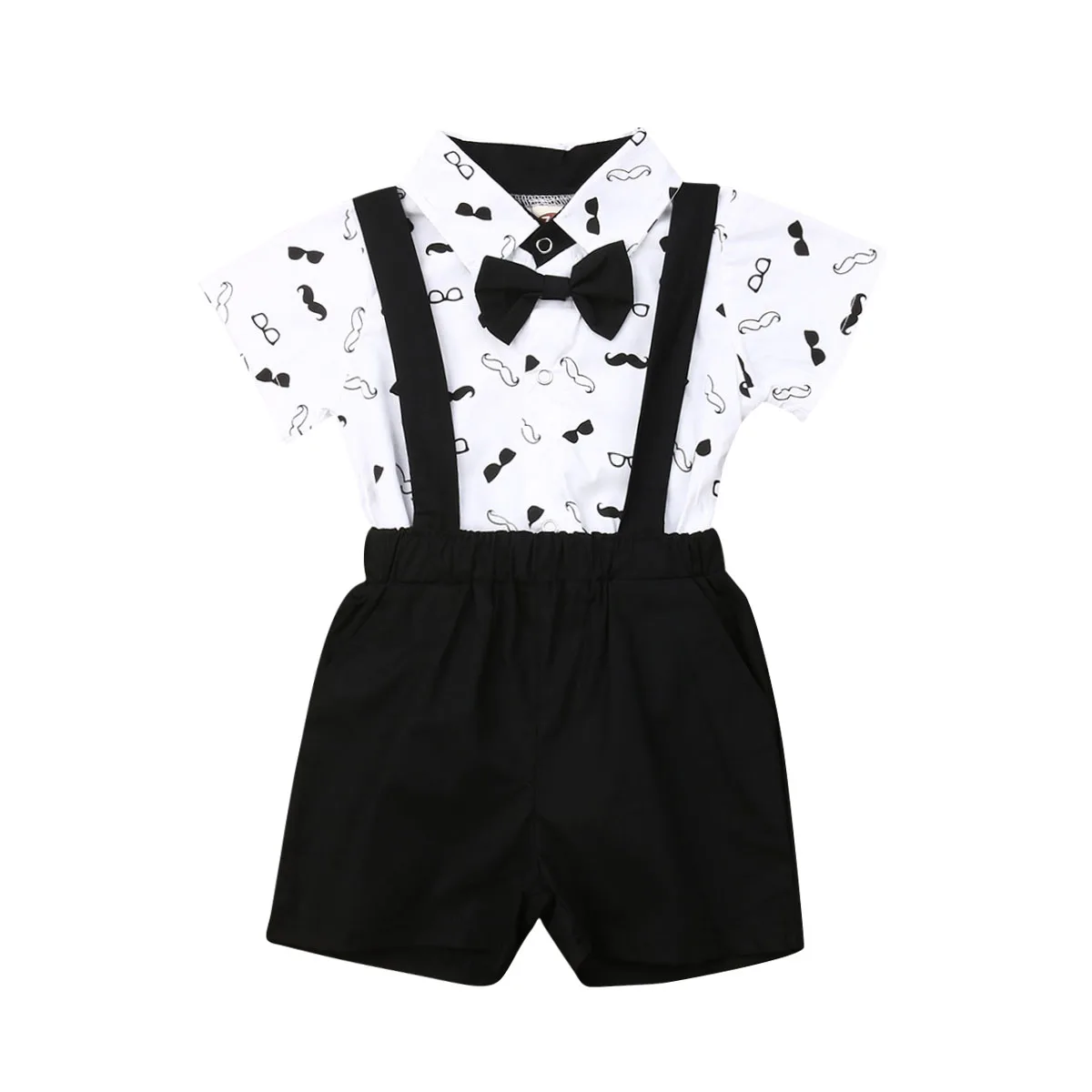 

Baby Boys 2PCS Outfit Set Short Sleeve Mustache Bow Folded Collar Romper Short Solid Color Suspender Pants Gentleman Set