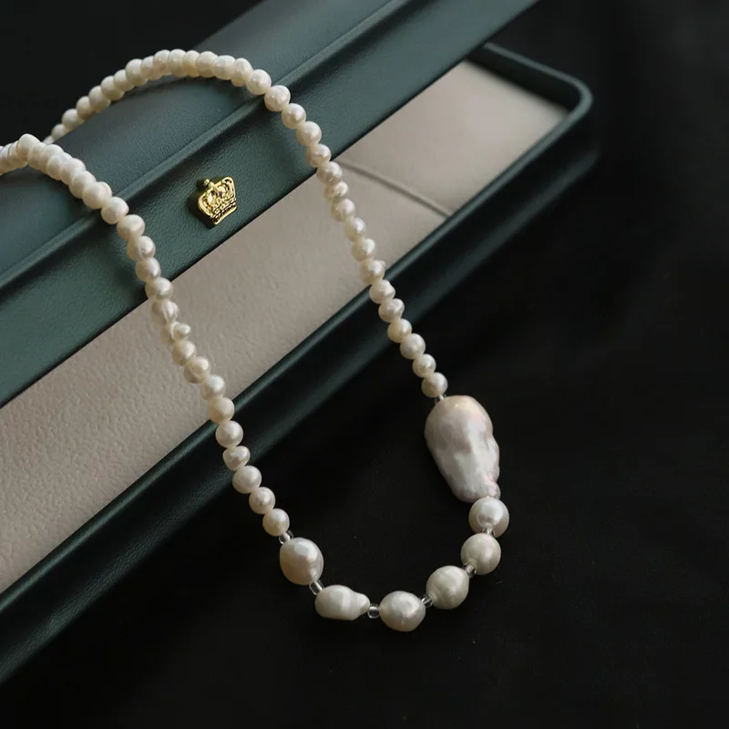 Natural Freshwater Necklace, 925 Silver,, And Large Baroque Pearl Pendant