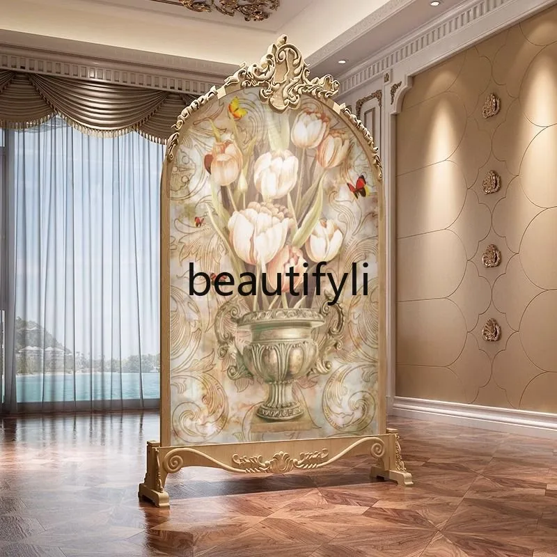 

American Style Mobile Entrance Carved Screen Partition Blocking Decorative Solid Wood European Style Seat Screen