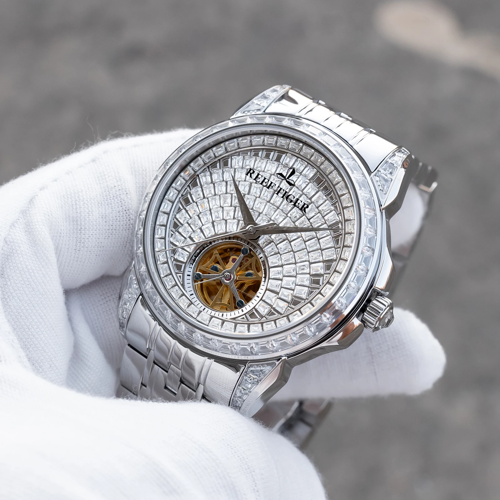 Reef Tiger/RT Luxury Men's Stainless Steel Full Diamonds Tourbillon Automatic Watch Bracelet Band Mechanical Fashion Timepieces