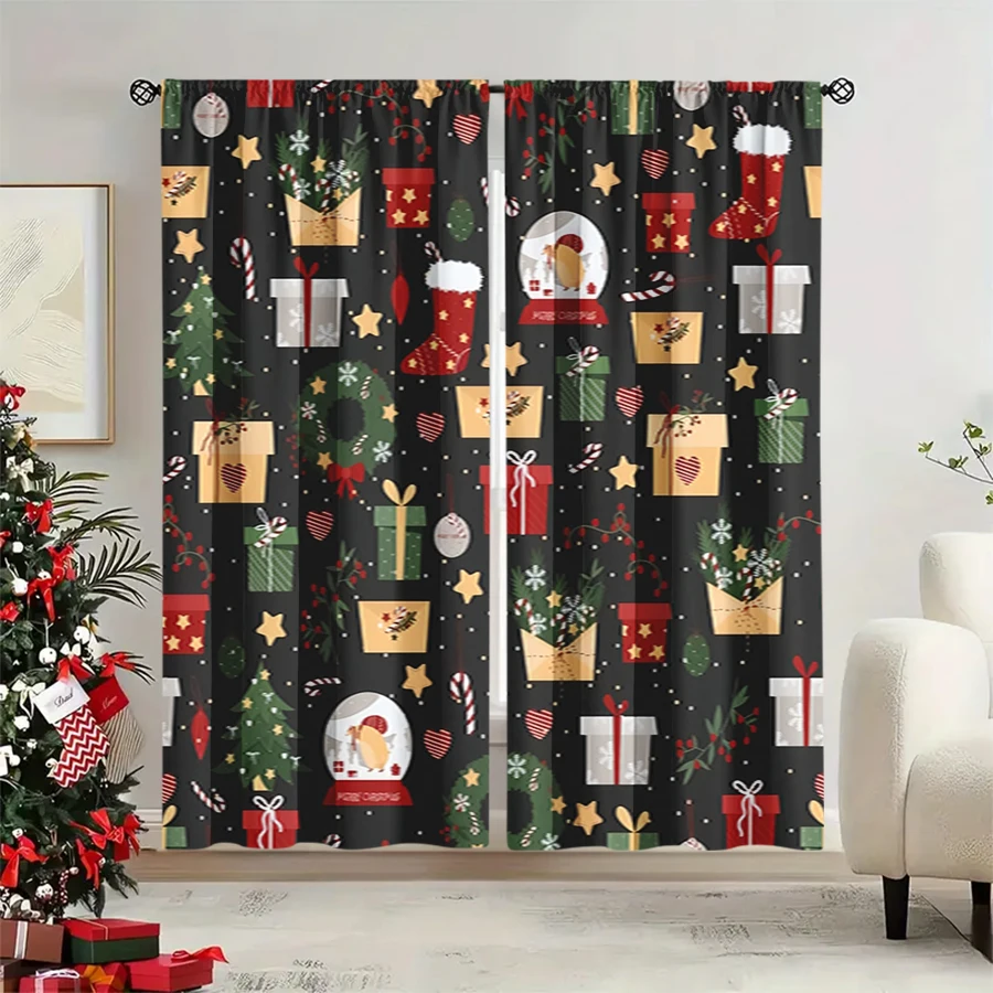 2PCS Christmas Winter Curtains, Gift Box Stocking Snow Globe Star Black Gold, Digital Print, Bedroom Living Room, Home Decor