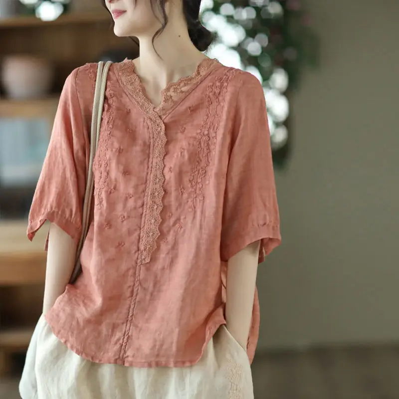 

Short Sleeve Loose Vintage Embroidered Lace Women Summer Top