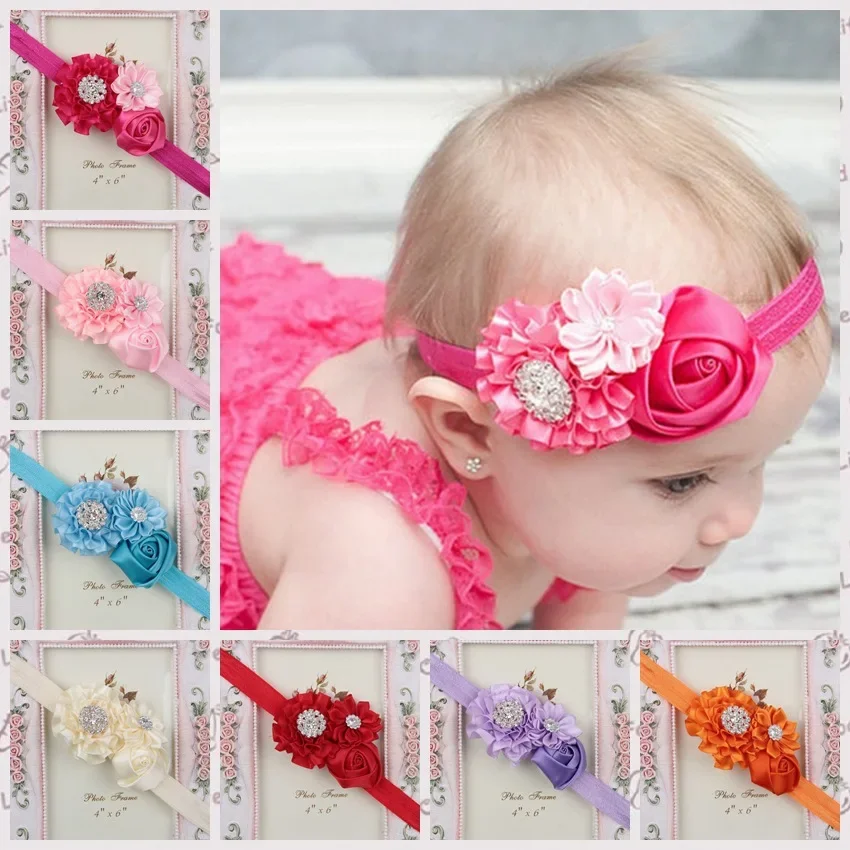 1PCS Rose Flower Headband with Diamond Kids Baby Girls Hair Accessories Headband Hairband Photography Props Gifts