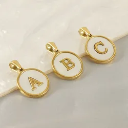 Stainless Steel 18K Gold Plated 26 A-Z Initials Round White Shell Base Pendant for Name Necklace