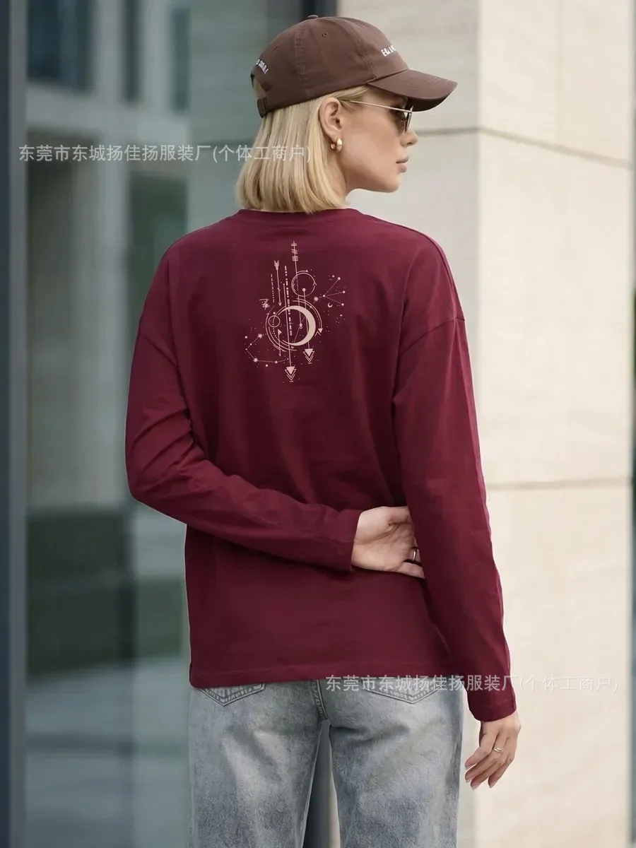 Women 100% Cotton Long Sleeve T Shirt Celestial Moon Star Constellation Print Round Neck Loose Oversized Casual Streetwear Tees