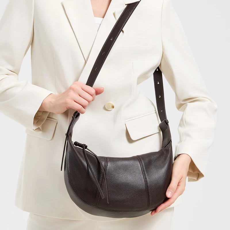 Women's Vintage Genuine Cowhide Leather Underarm Shoulder Crossbody Bag Female Luxury Designer Half-moon Shape Messenger Handbag