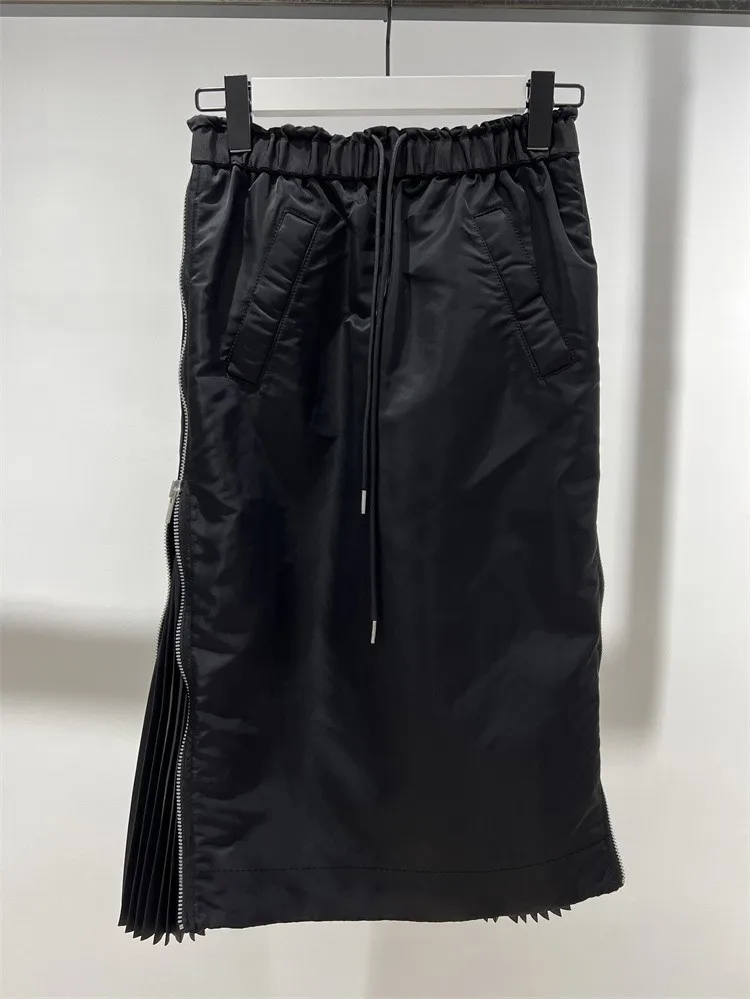 FOG SACAI Dstring-Plissee-Rock 2024, neuer SLE-Schlankheitsrock mit seitlichem Reißverschluss, Taille, Cinching-Wickelkörper, plissierter langer Rock