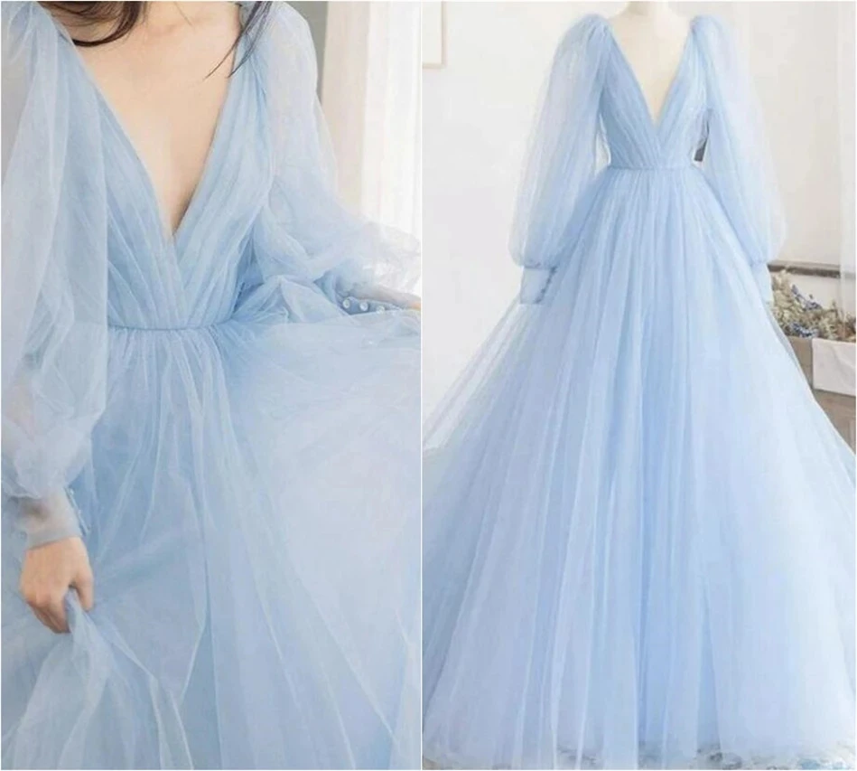 

Light Sky Blue Prom Dresses A Line V Neck Long Sleeves Tulle Tea Party Women Formal Evening Gowns Plus Size Birthday Dress 2023