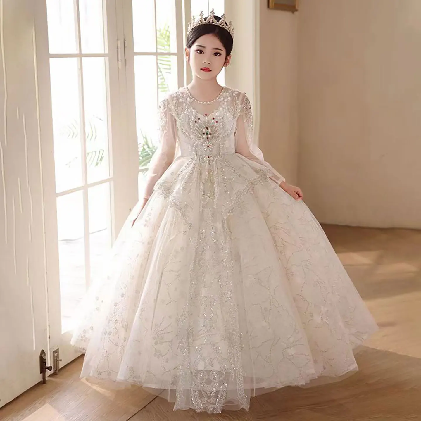 Jill Wish J003 Luxury White Dubai Girl Dress Beaded Crystal Long Sleeve Princess Kids Wedding Birthday Party Long Ball Gown