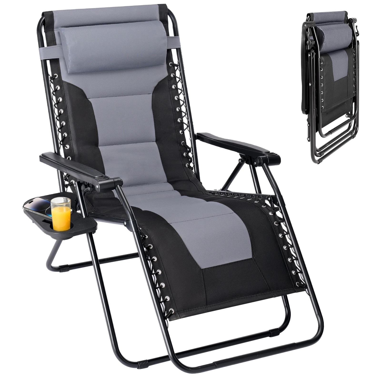 Silla reclinable plegable JHK de gran tamaño, con relleno de algodón, tipo gravedad cero, con almohada ajustable y portavasos para patio.