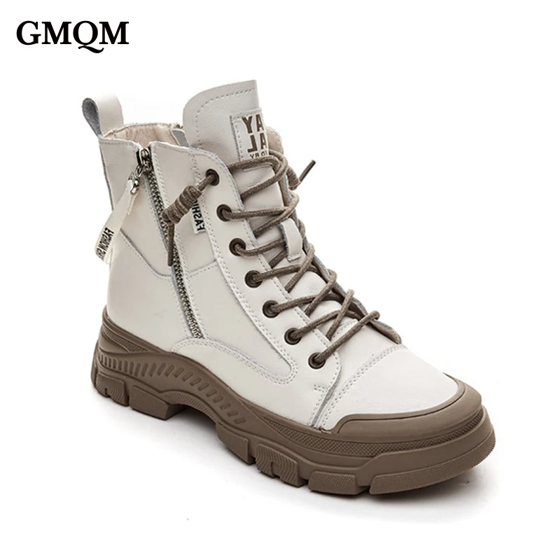 

GMQM Women's Ankle Boots Zipper Fashion Platform Walking Shoes New 2023 Spring Genuine Leather Round Toe Lace-Up College Student