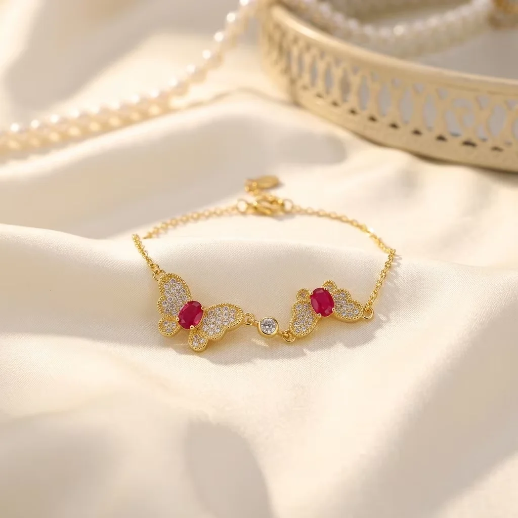 Certificated 925 Silver Natural Pigeon Blood Ruby Butterfly Full Diamond CZ Chain Bracelet Timeless Genuine Fine Jewellery Gifts
