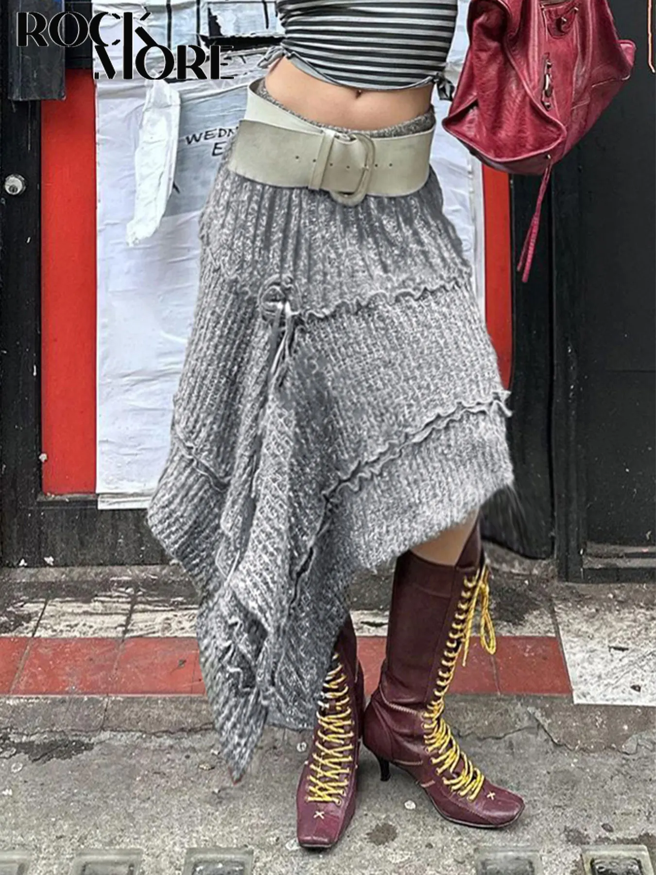 

Rockmore Vintage Gothic Irregular Design Mid Skirt Autumn Winter Aesthetic Female Low Waist Solid Skirt Streetwear 2000s Clothes