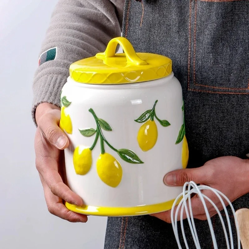 

lemon relief sealed jar ceramic hand-painted, large-capacity storage tank, household snack grains, storage tank ornament