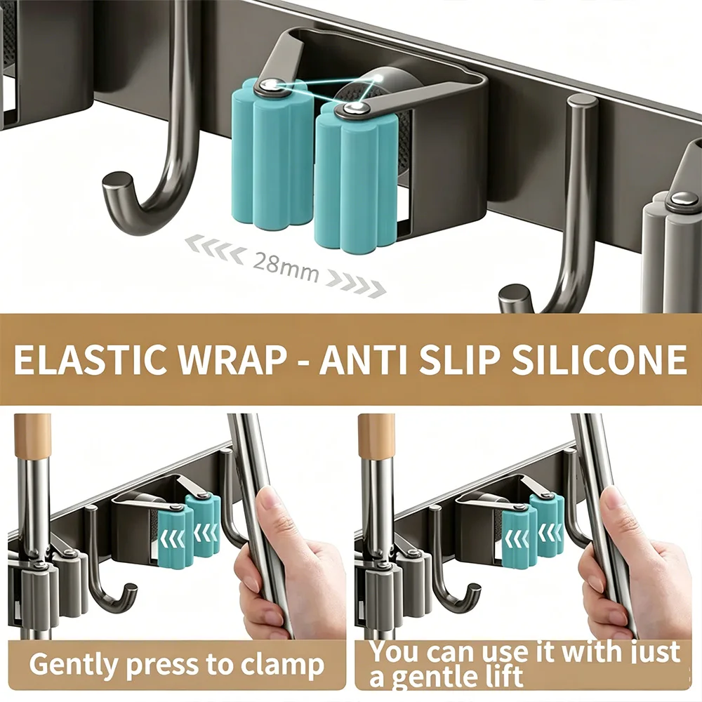 Self Adhesive Wall Mop Holder Stainless Steel Multi Use No Drill Bathroom Broom Cleaning Tool Storage Clip Hook