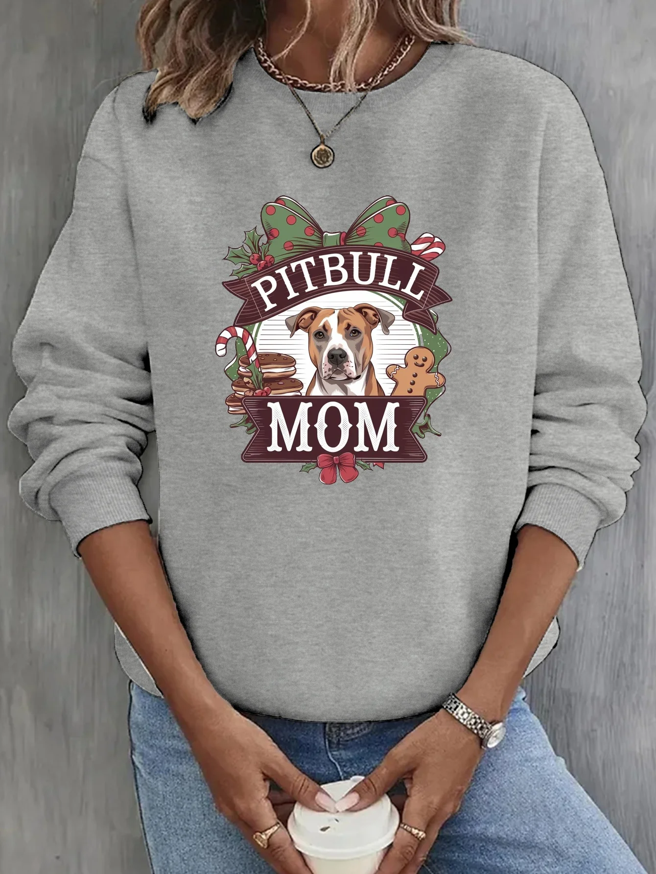

Women's Polyester Crew Neck Sweatshirt, Casual Knit Fabric Pullover, with Pitbull Mom Holiday Graphic Print, for Winte