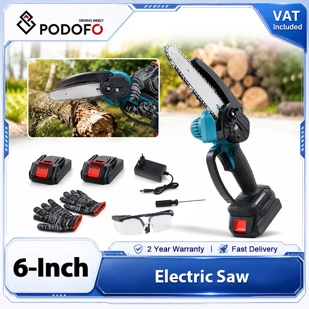 Podofo, mini motosega elettrica portatile senza fili da 6 pollici, con sistema di lubrificazione automatica, 2 batterie da 1500 mAh, caricabatterie e blocco di sicurezza, ideale per tagliare legno,