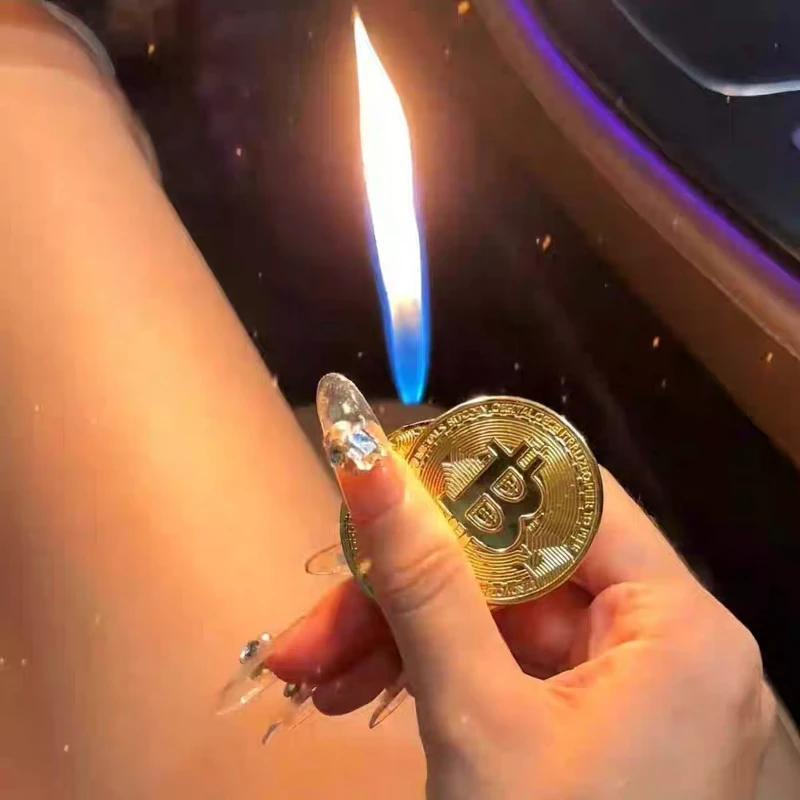 Portable Bitcoin Inflatable Lighter Stock Commemorative Coin Virtual Pendant Cigaratee Lighter Smoking Accessories Men's Gadgets