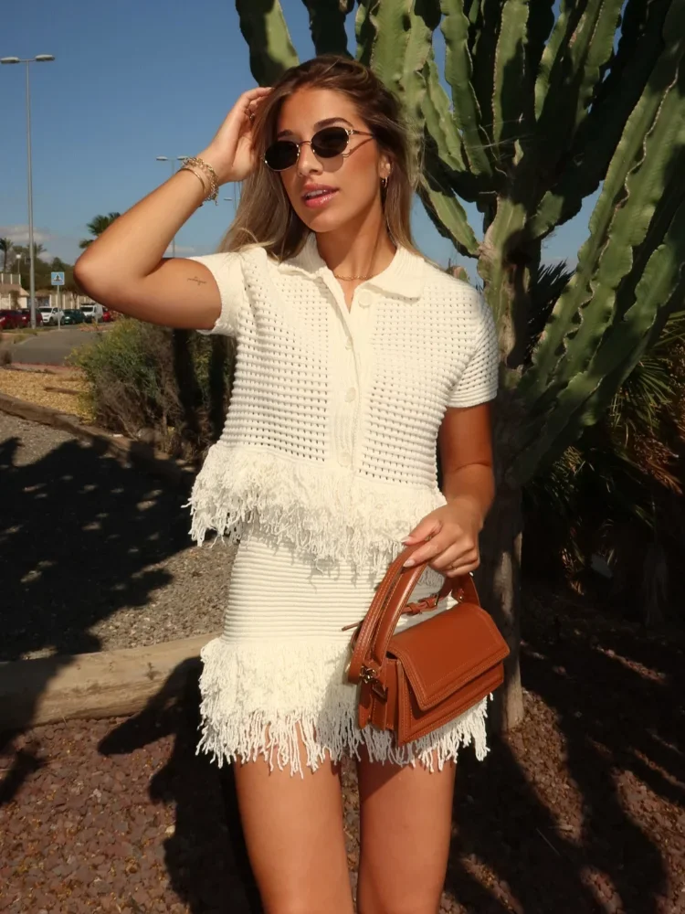 

Chic Tassels Hem Knitted Mini Skirts Set Women Elegant Short Sleeve Lapel Buttons Hollow Out Tops Suit Female Holiday Streetwear