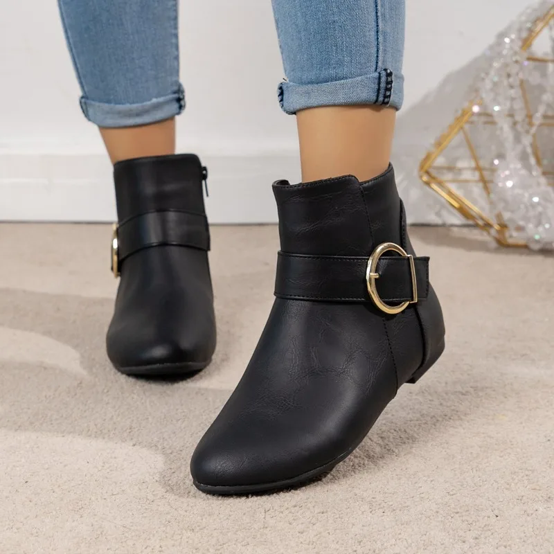 Women Ankle Boots Flat Heel Fashion Booties Fashion Buckle Strap Zipper Casual Shoes Round Toe Solid Women Boots Zapatos Mujer