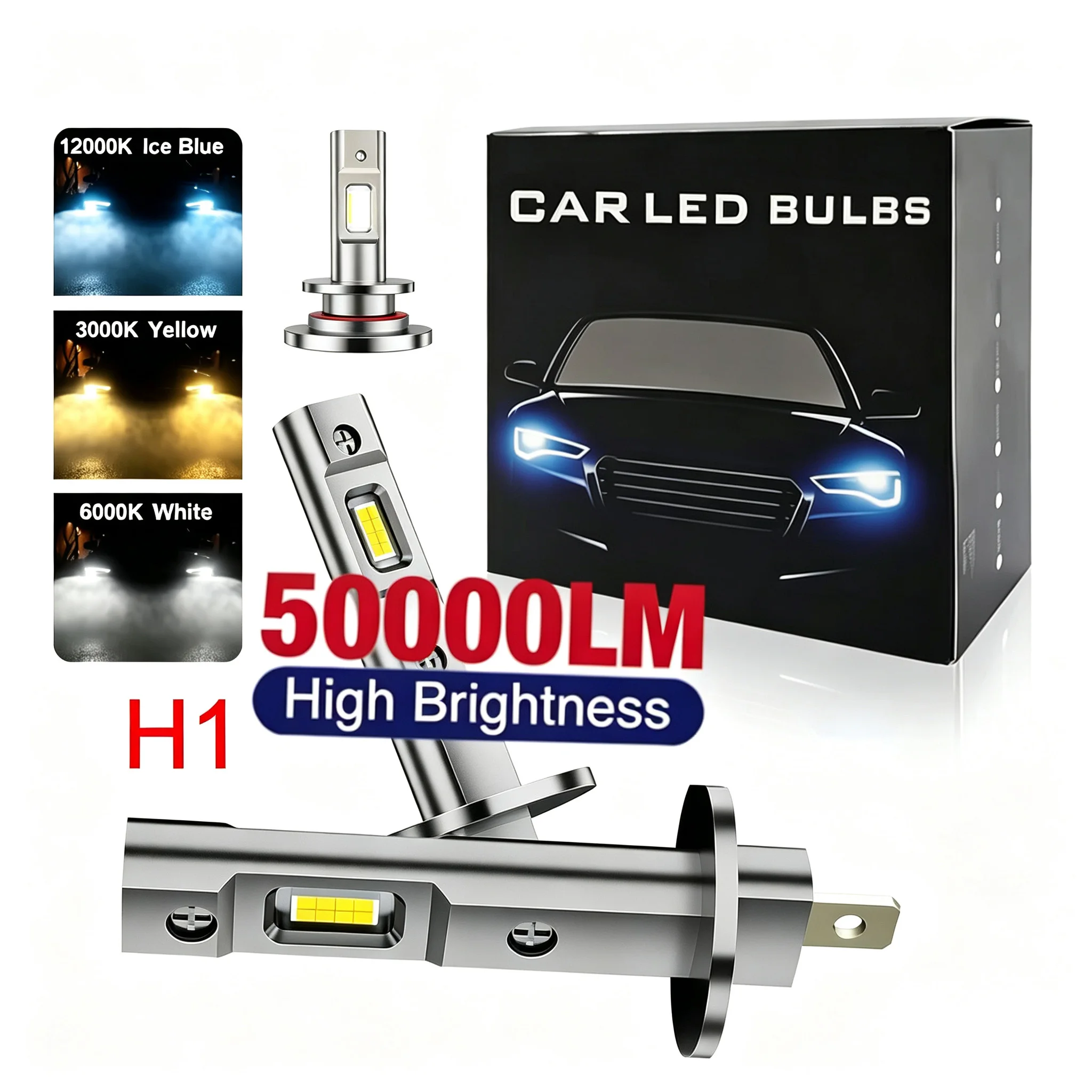 2Pcs H1 H3 LED Headlight Bulbs 50000LM Canbus Car Fog Light 6500K White 12V-24V Super Bright Plug & Play Fanless