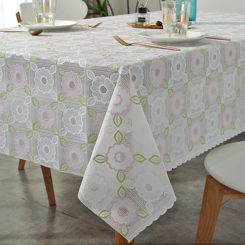 PVC Lace Tablecloth Waterproof Washable and Erasable Table Linen Tea Table Cloth Rectangular Table Cover Whitepink