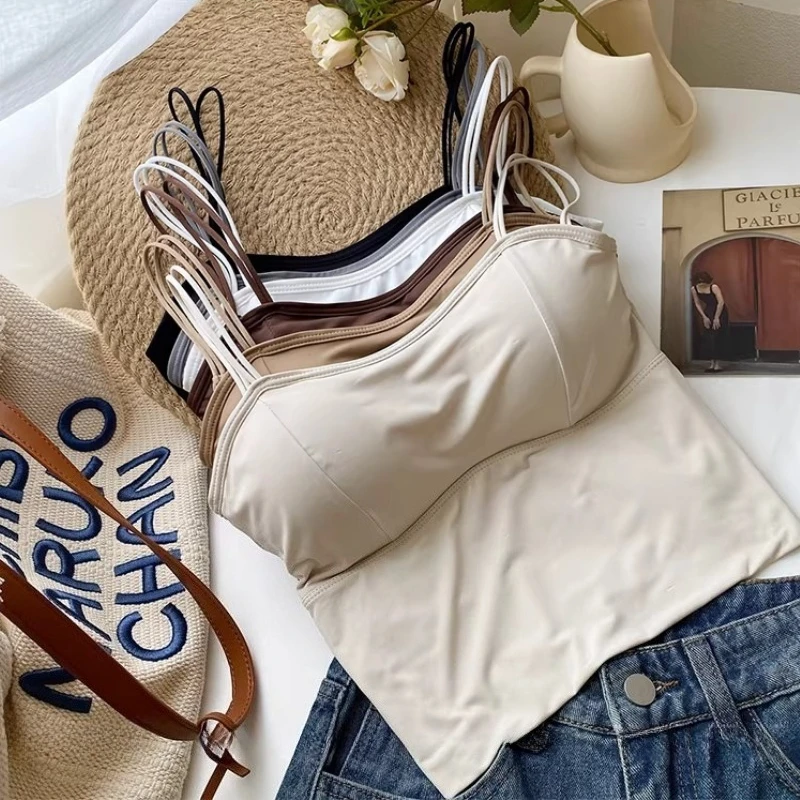 2026 Sommer Damen Crop Top mit dünnen Trägern, Eisseide Camisole mit Brustpolster, atmungsaktives U-Rücken Basic Tank Top