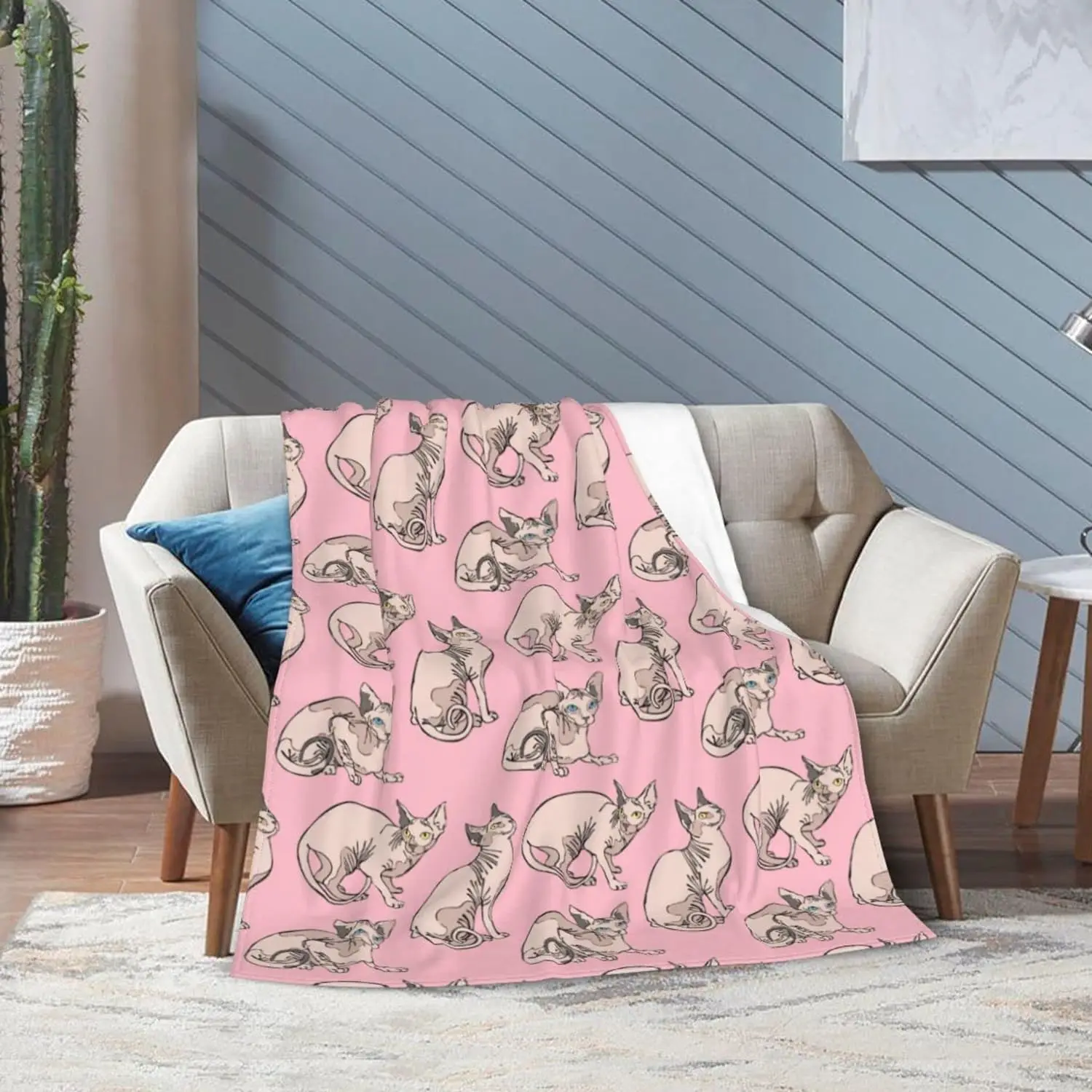 Blanket Ultra Soft Plush Throw Blankets Fluffy Hairless Naked Cats Sphynx Cats Pattern Pink Throw Blanket Gifts for Christamas