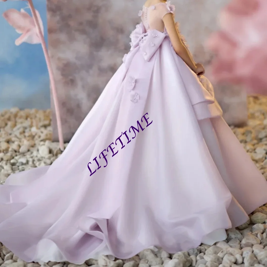Sukienki dla dziewczynek na występy taneczne, luksusowe, fioletowe, zdobione koralikami, z kwiatami 3D, urocze, z kokardą, sukienka księżniczki, strój na wesele dla dzieci.