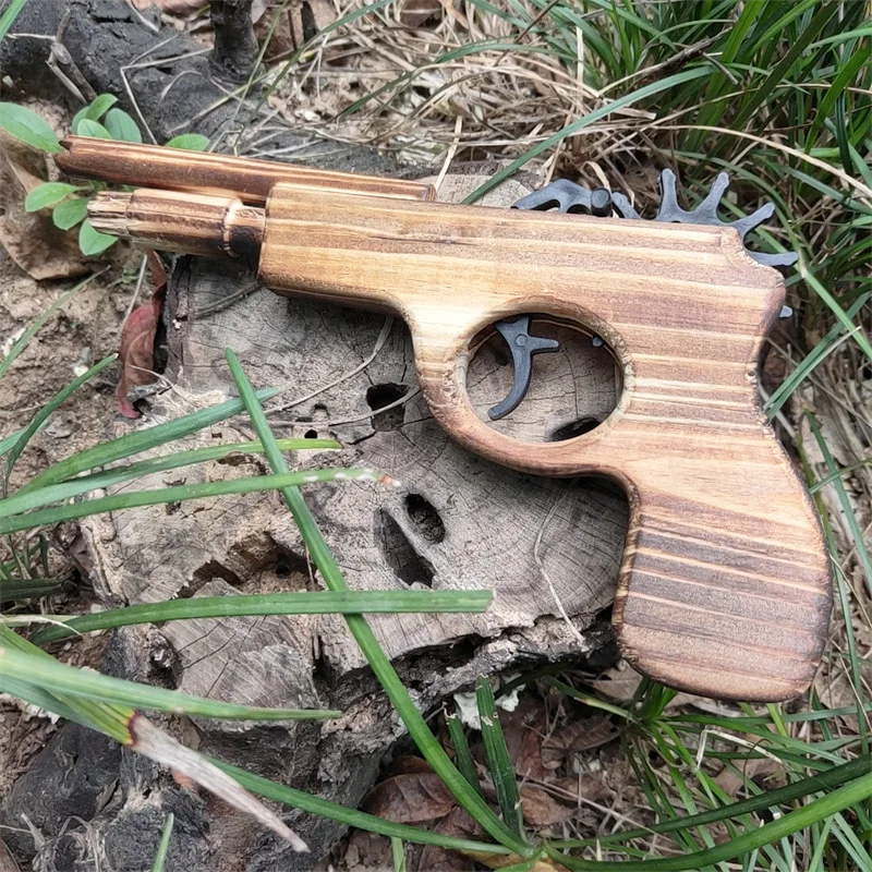 Wooden Rubber Bands Gun Handguns Small Continuous Firing Wooden Short Guns Nostalgic Toys Handicrafts