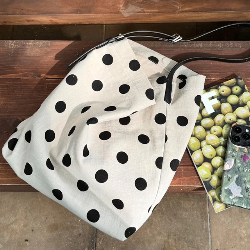 Women's Slouchy Korean Style Linen Bucket Crossbody Bag with Large Capacity Black White Polka Dot Print Shoulder Bag