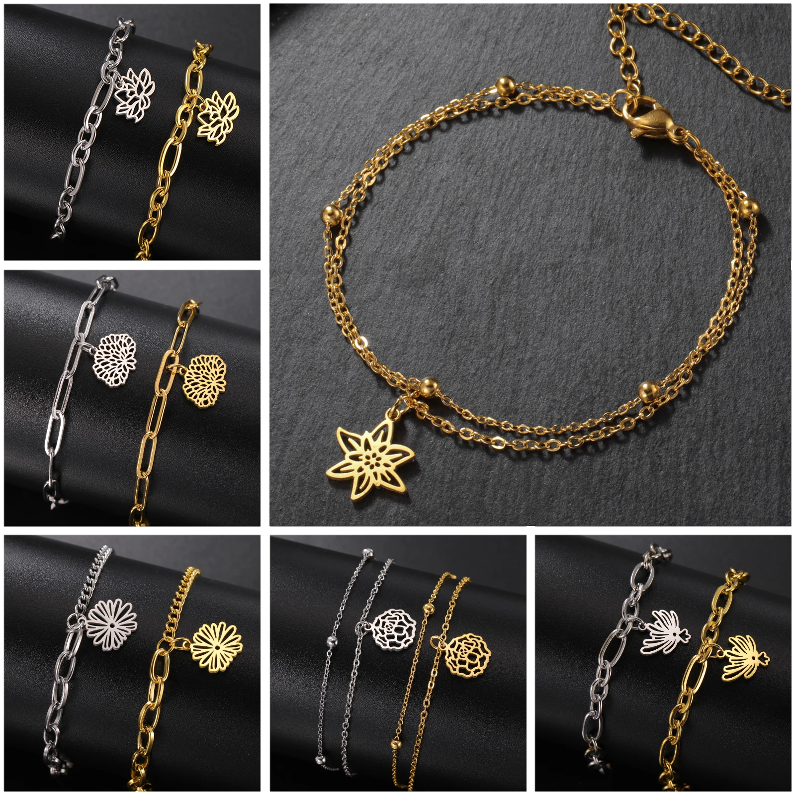 Unift Birth Month Flower Family Friendship Bracelet for Mom Women Stainless Steel Statement Bracelet Trendy Lotus Flower Jewelry
