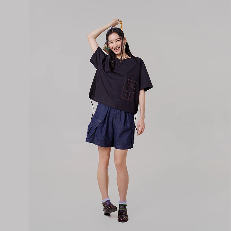 MOVEUP Round Neck Short Sleeved Loose T-Shirt 2026 Summer Pocket Embroidery Bright Line Drawstring Hem Top For Women 3ELX20409