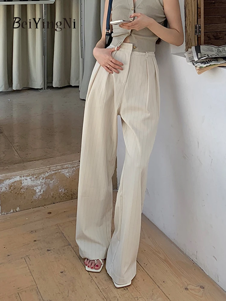 

Beiyingni New Fashion Women's Pants Elegant Casual Vintage Classic Office Ladies Striped Suit Wide Leg Pants High Street Summer