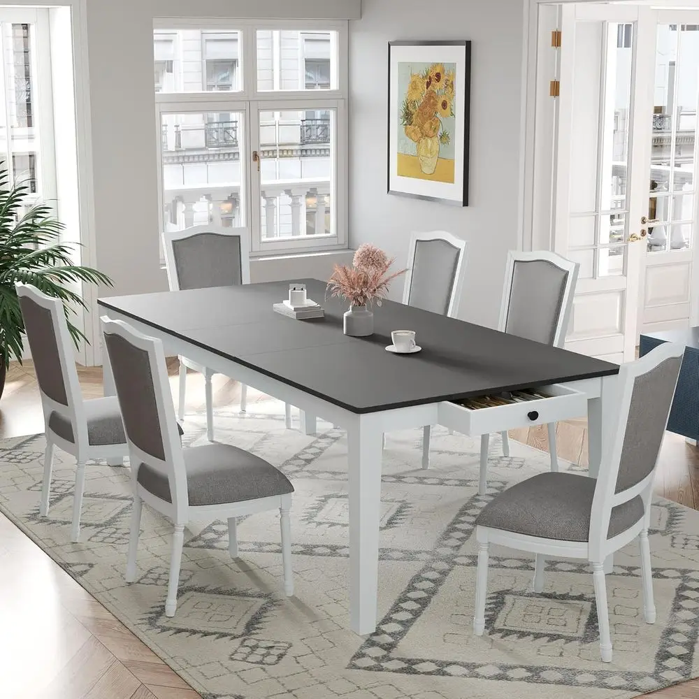 

7-Piece Extendable Dining Table Set with 6 Chairs, Modern Kitchen Table with Upholstered Seating, Wooden Extendable Dining Set w