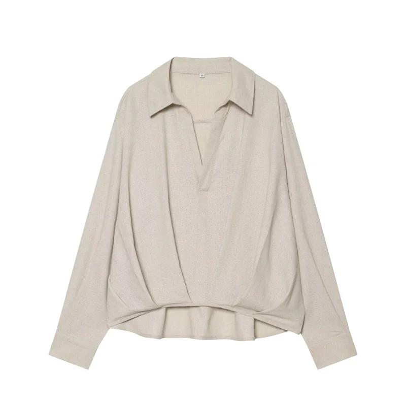 

2026 Summer New Style Women's Shirt Khaki Long Sleeve V-Neck Loose Simple Lazy Pullover Shirt Casual Fashion