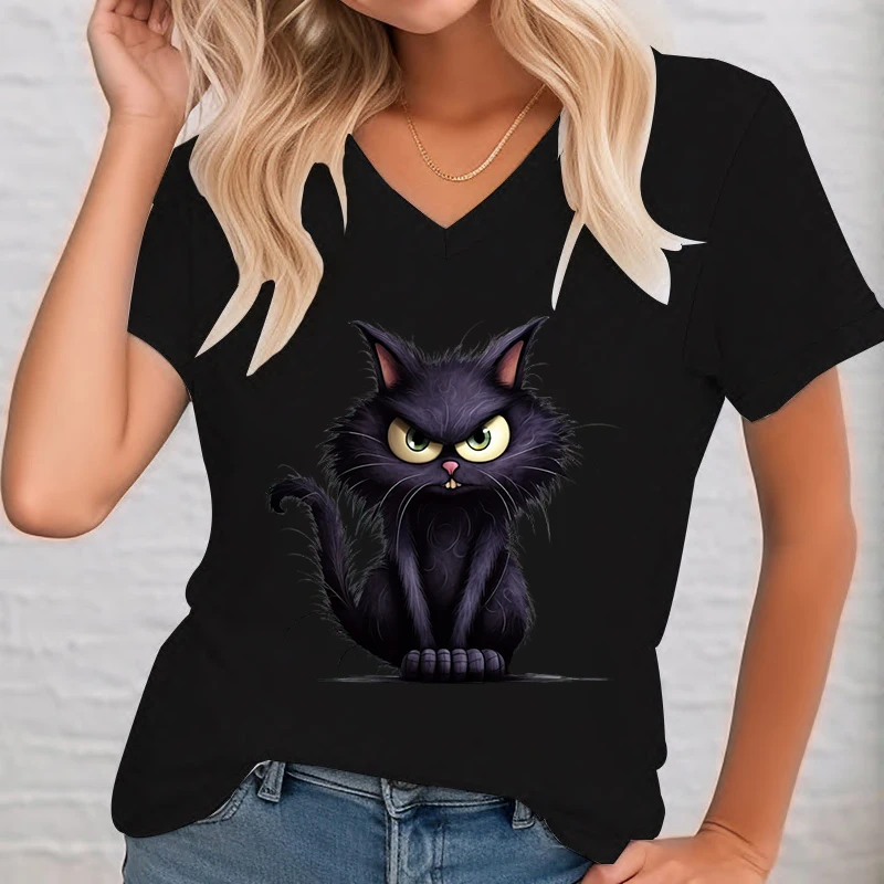 2024 Summer V-Neck T-Shirts Women 3D Animal Angry Cat T Shirt Fashion Casual Short Sleeve Shirt Harajuku Style Anime Kitten Tees