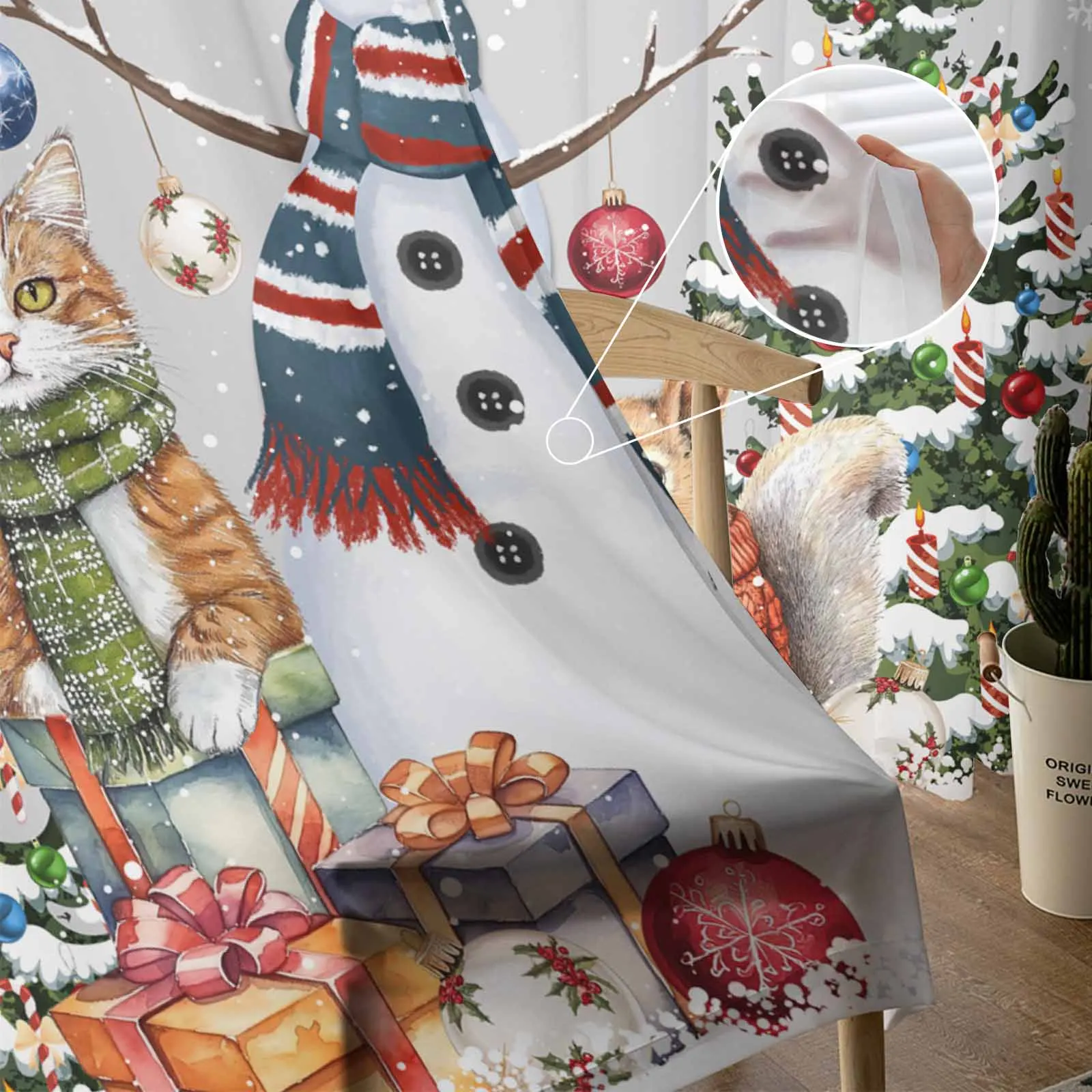 Christmas Tree Snowman Cat Squirrel Snowflake Ball Gray Sheer Curtains Room Decor Window Curtain Kitchen Tulle Voile Curtains