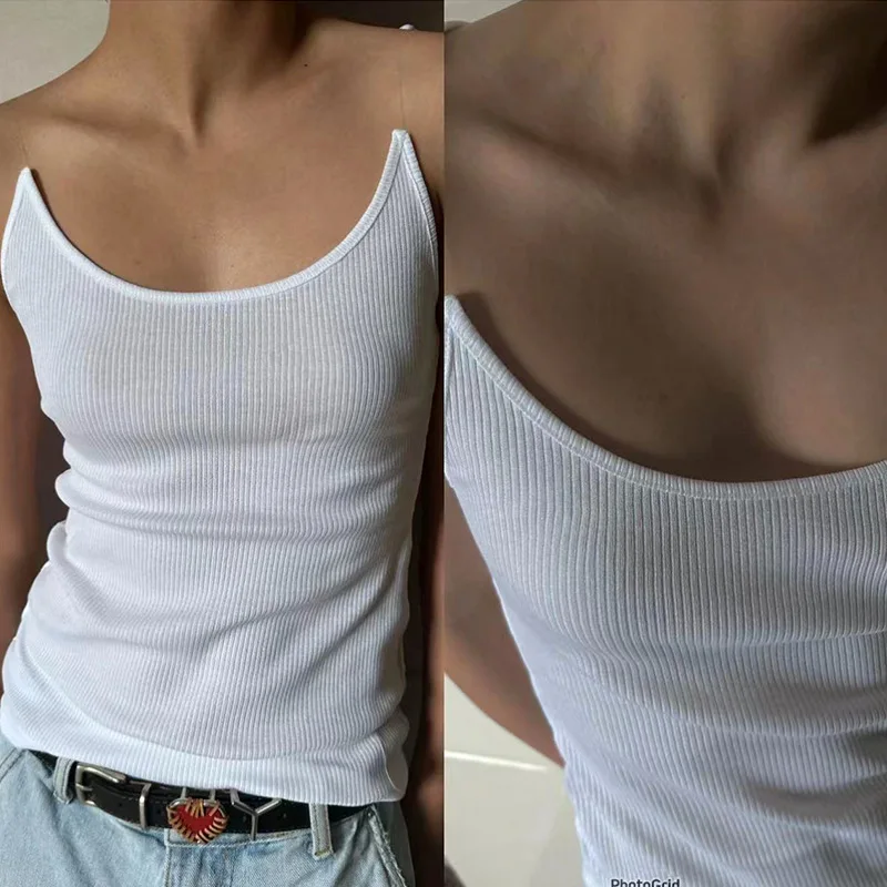 Women Ribbed Invisible Strap Tank Top Cropped Camis