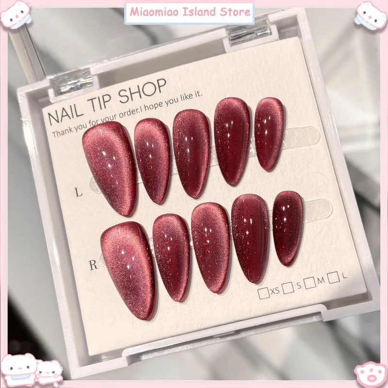 Drücken Sie auf die Nägel, kirschrot, Katzenauge, handgefertigt, abnehmbar, künstliche Nägel, Herbst-Winter, dünn, fertig zum Tragen, Nagelspitzen für Frauen, Nagelkunst