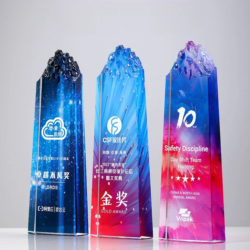 Custom Mountain Peak Crystal Trophy, High end Free Engraving Color Printing Company Annual Meeting Excellent Employee Award, 1Pc