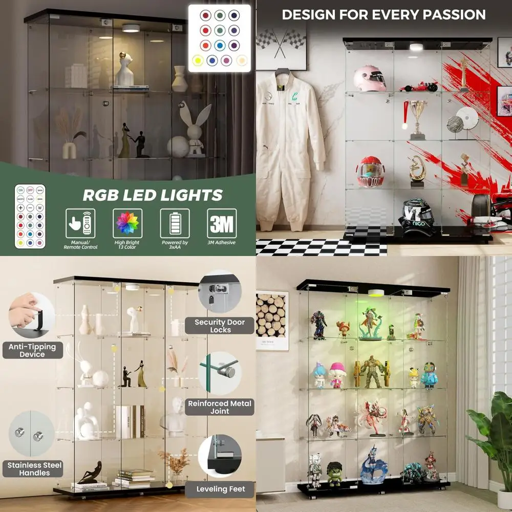 

Стеклянный витринный шкаф с LED-подсветкой и замком, 4-ярусный, 3-колонный, для домашнего декора - черный