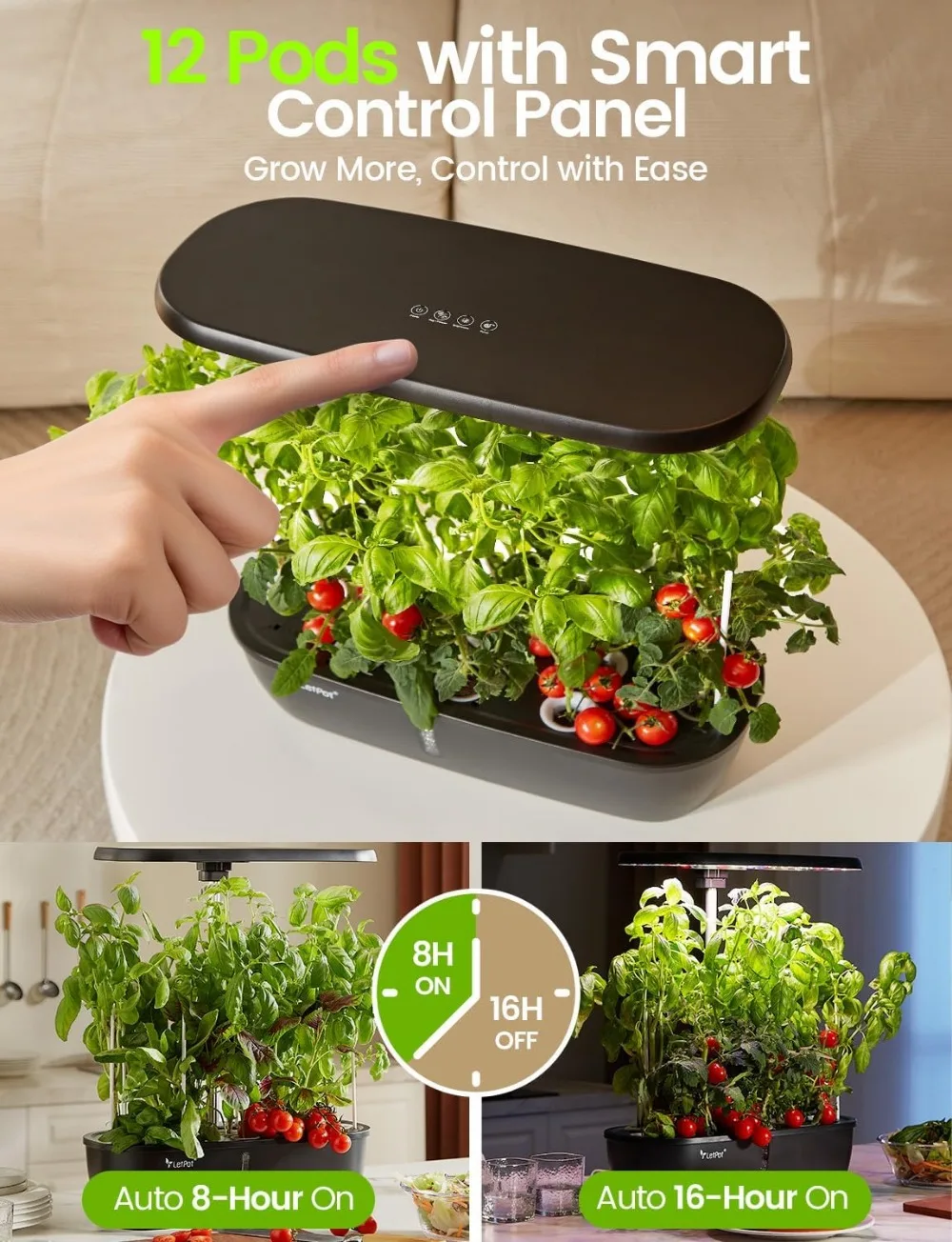 12-Pod Indoor Herb Garden Kit with 24W LED Grow Light, 5.5L Tank, Adjustable Height, Smart System for Home Kitchen