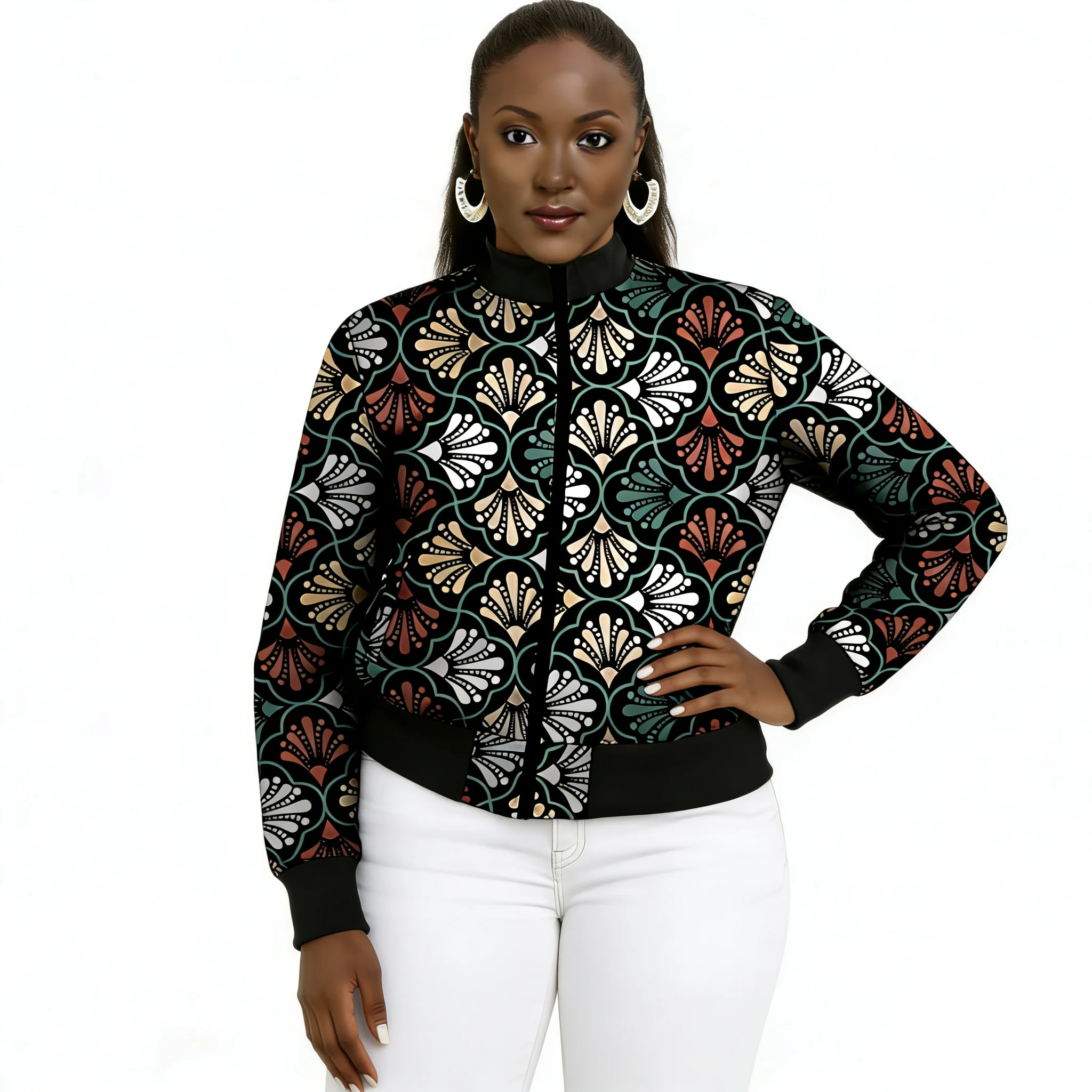

African Couture Original Design Print Women's Bomber Jackets Elastic Waist Short Stand Collar Coat Tailored Party Wear