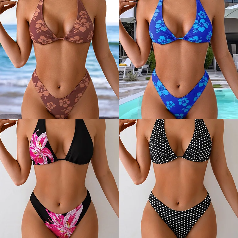 2026 New European American Women Halter Tie Sexy Floral Print Two Piece Bikini Set Triangle Bottom Beach Swimwear