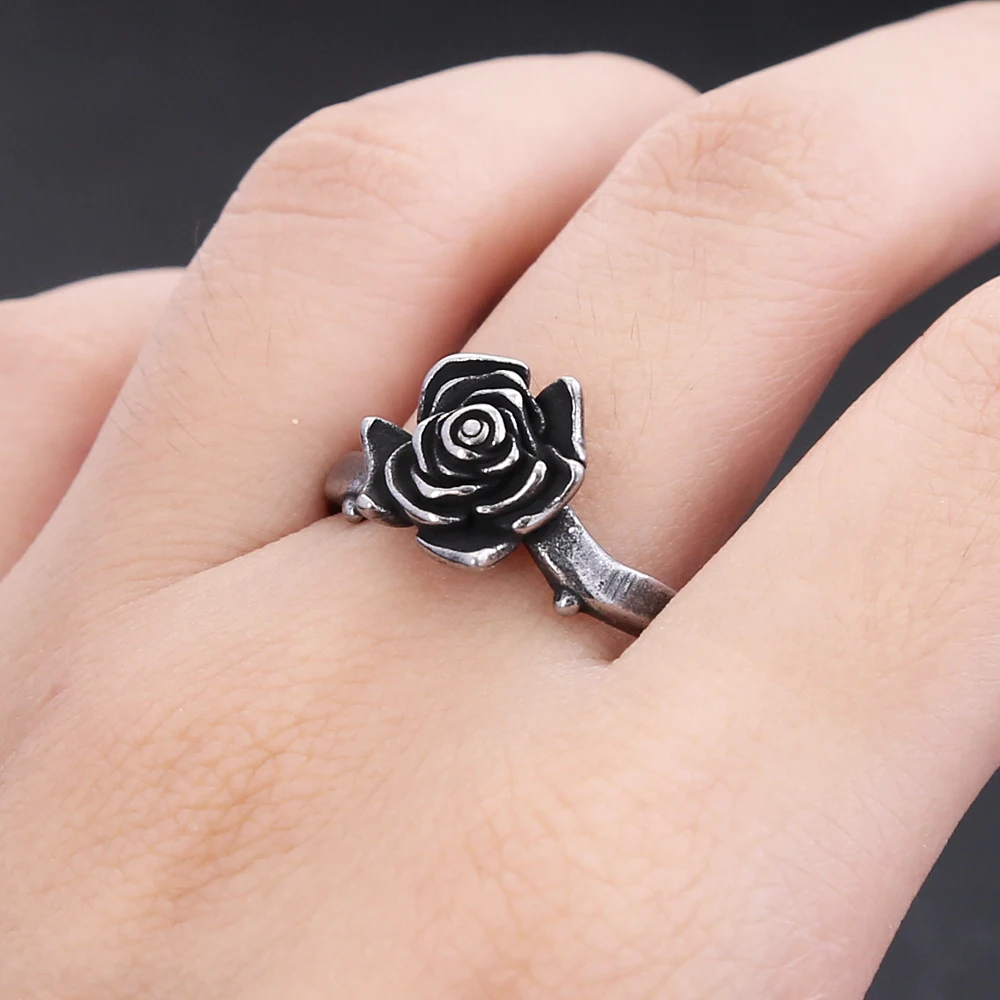 Simple Vintage 316L Stainless Steel Rose Flower Rings For Women Fashion Trend Black Rose Ring Party Wedding Jewelry Dropshipping