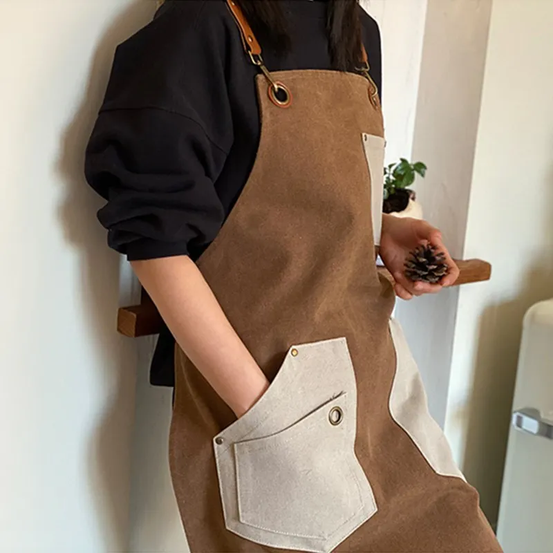 Canvas Apron Cross Back Straps Cafe Barista Bartender Pastry Chef Uniform Florist Gardener Painter Tattoo Artist Workwear D31