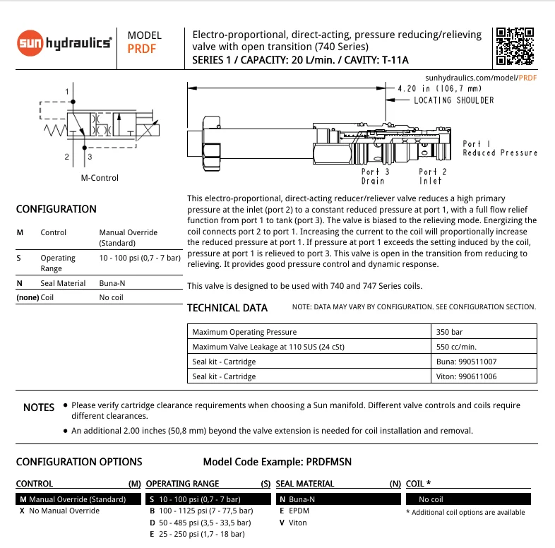 PRDFMSN PRDFMSN224 PRDF MSN SUN HYDRAULICS origin PRDF-MSN Electro-proportional, direct-acting pressure reducing/relieving valve